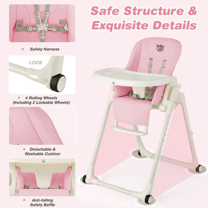 4-in-1 Foldable Baby High Chair with 6 Adjustable Heights and 5-Position Backrest-Pink
