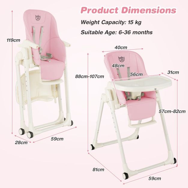 4-in-1 Foldable Baby High Chair with 6 Adjustable Heights and 5-Position Backrest-Pink