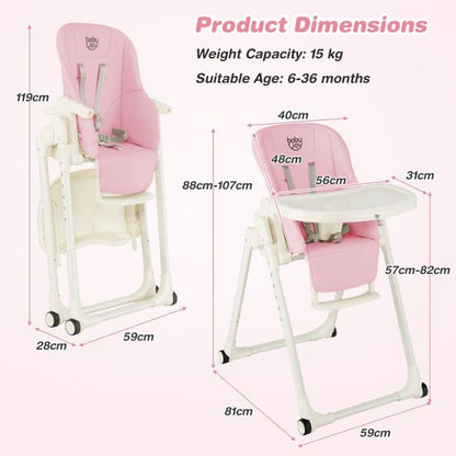 4-in-1 Foldable Baby High Chair with 6 Adjustable Heights and 5-Position Backrest-Pink
