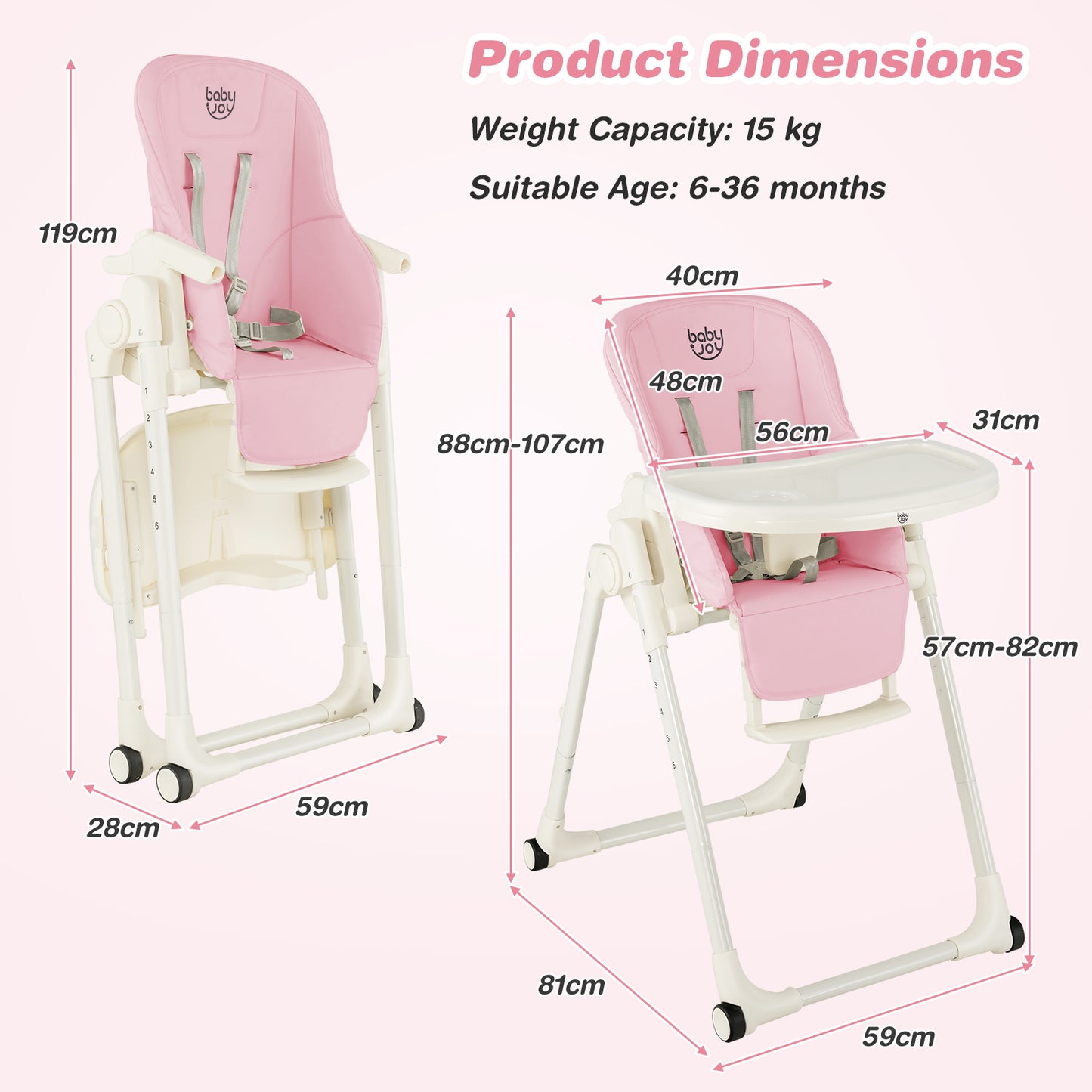 4-in-1 Foldable Baby High Chair with 6 Adjustable Heights and 5-Position Backrest-Pink
