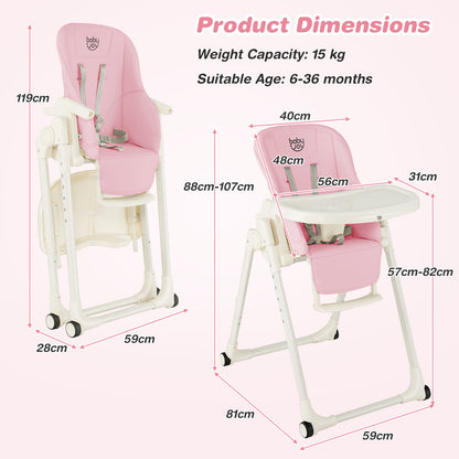 4-in-1 Foldable Baby High Chair with 6 Adjustable Heights and 5-Position Backrest-Pink