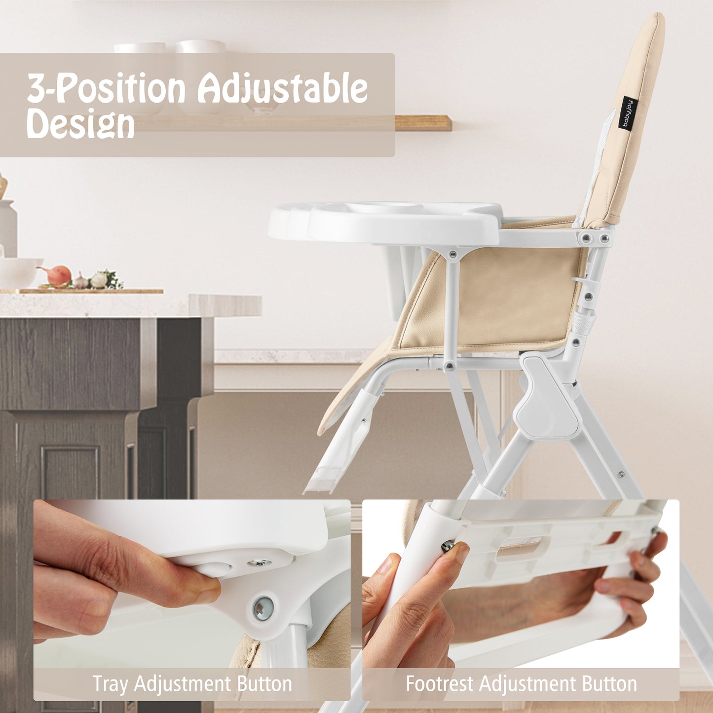 Foldable Baby High Chair with Removable Adjustable Tray-Beige