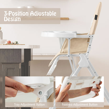 Foldable Baby High Chair with Removable Adjustable Tray-Beige