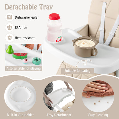 Foldable Baby High Chair with Removable Adjustable Tray-Beige