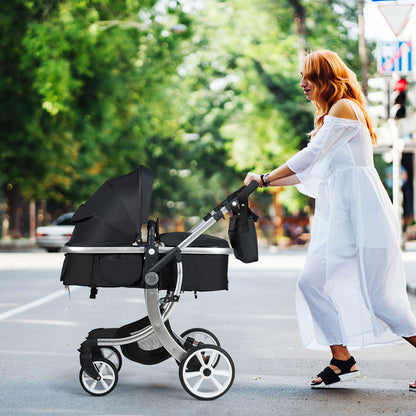 2 in 1 Foldable Baby Stroller with Rain Cover and Mosquito Net-Black