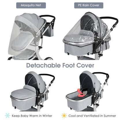 2 in 1 Foldable Baby Stroller with Rain Cover and Mosquito Net-Grey