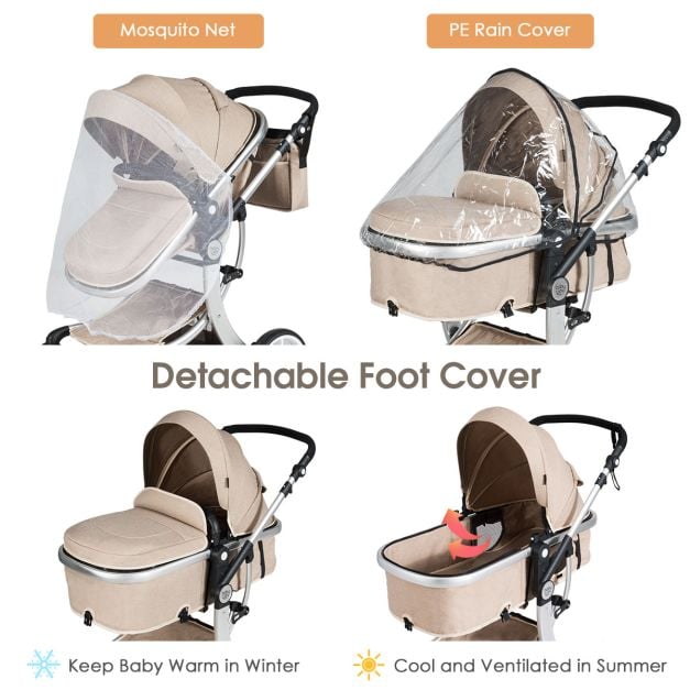 2 in 1 Foldable Baby Stroller with Rain Cover and Mosquito Net-Beige