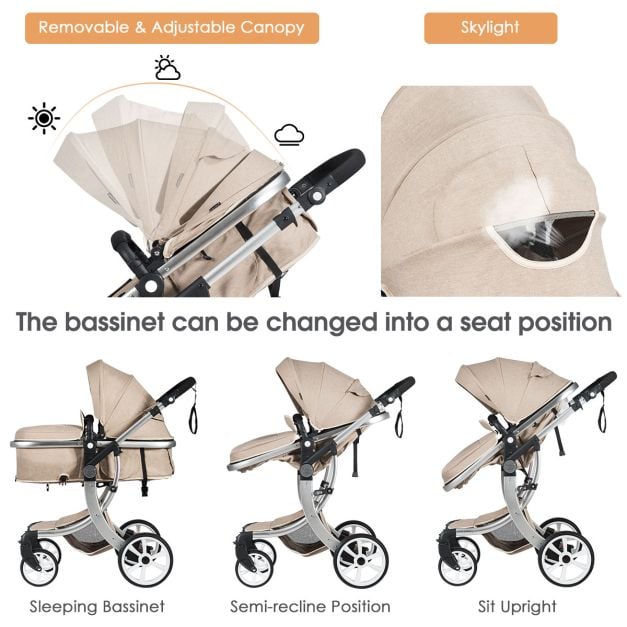 2 in 1 Foldable Baby Stroller with Rain Cover and Mosquito Net-Beige