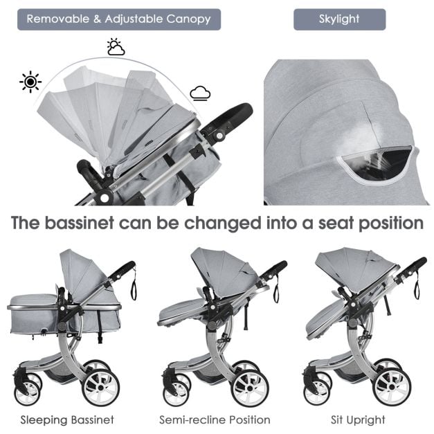 2 in 1 Foldable Baby Stroller with Rain Cover and Mosquito Net-Grey