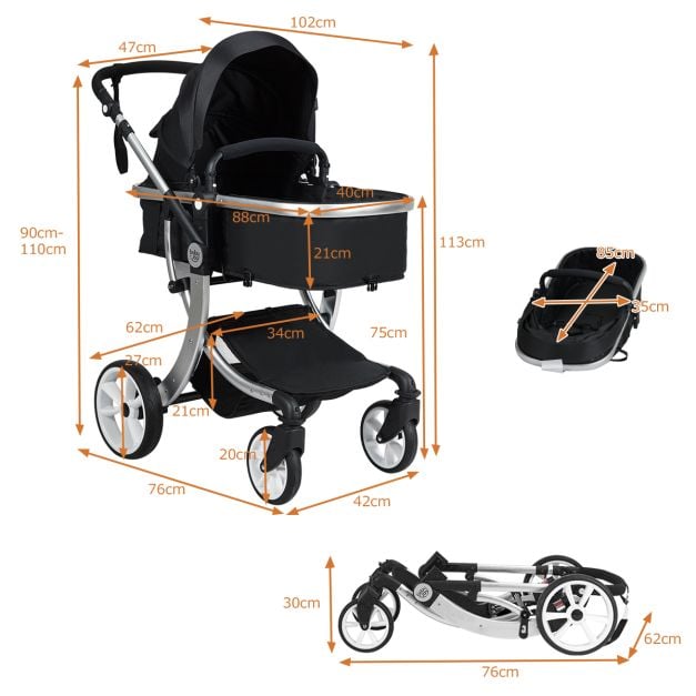 2 in 1 Foldable Baby Stroller with Rain Cover and Mosquito Net-Black