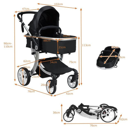 2 in 1 Foldable Baby Stroller with Rain Cover and Mosquito Net-Black