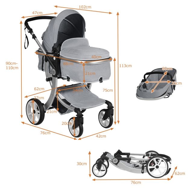 2 in 1 Foldable Baby Stroller with Rain Cover and Mosquito Net-Grey