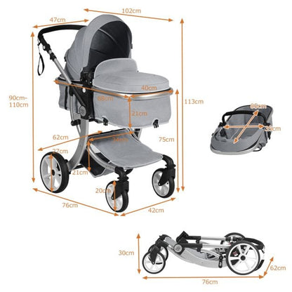 2 in 1 Foldable Baby Stroller with Rain Cover and Mosquito Net-Grey