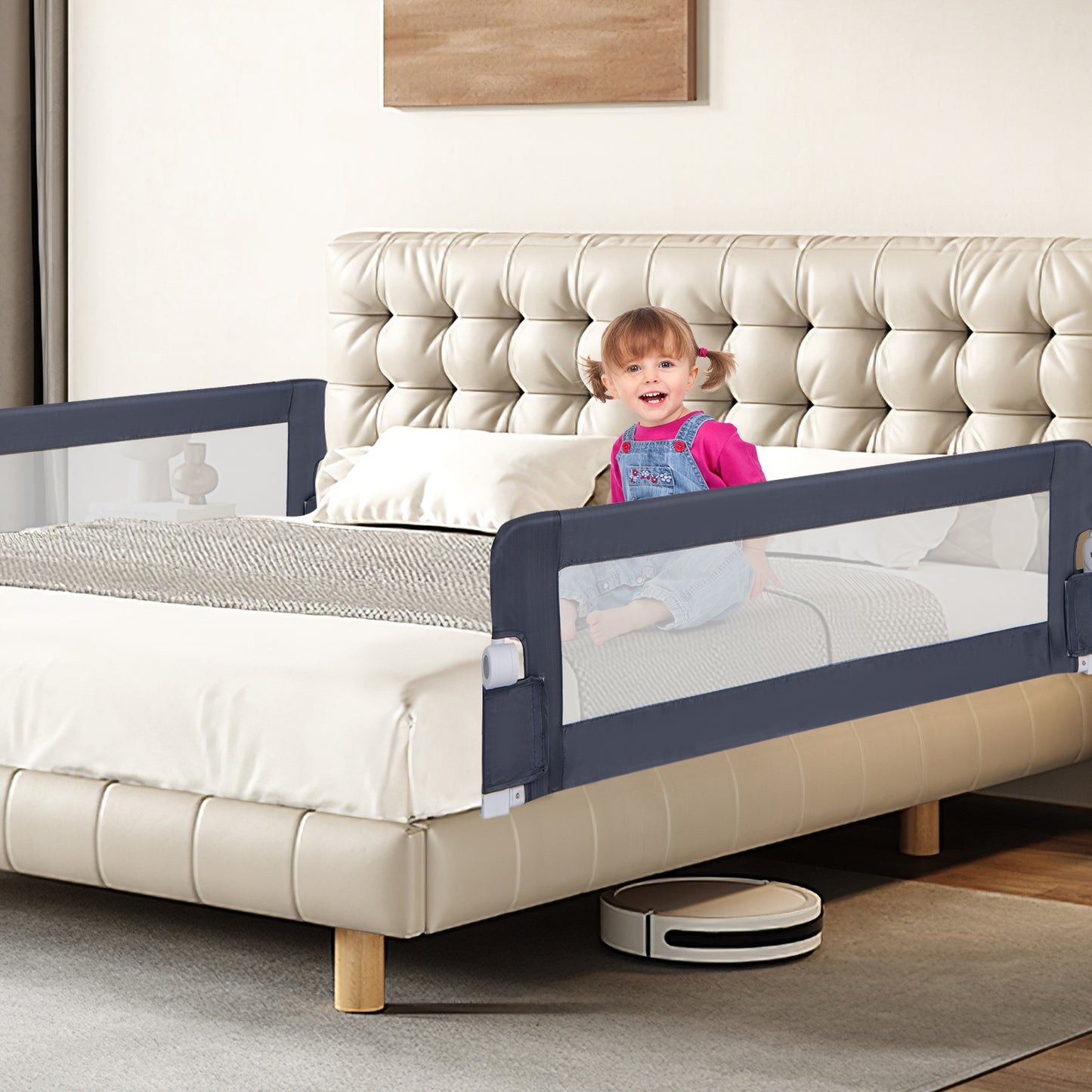 Foldable Bed Rail for Toddlers with Adjustable Safety Strap-Grey