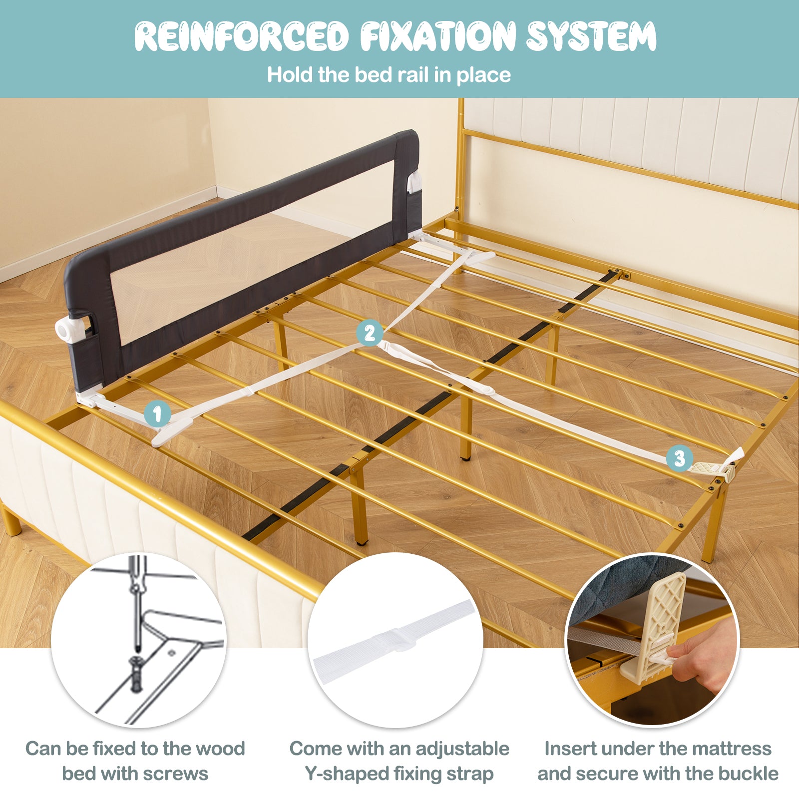 Foldable Bed Rail for Toddlers with Adjustable Safety Strap-Grey