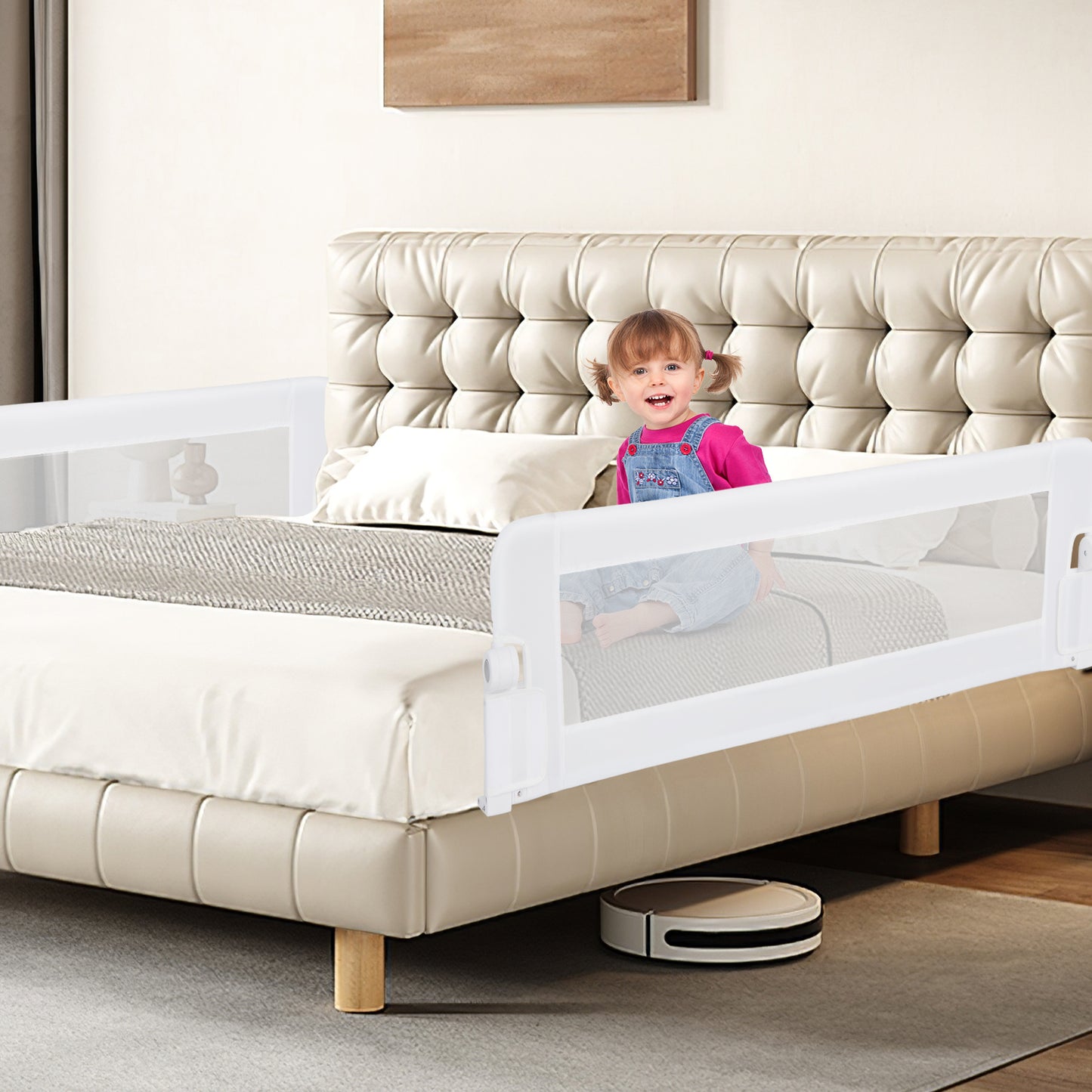 Foldable Bed Rail for Toddlers with Adjustable Safety Strap-White