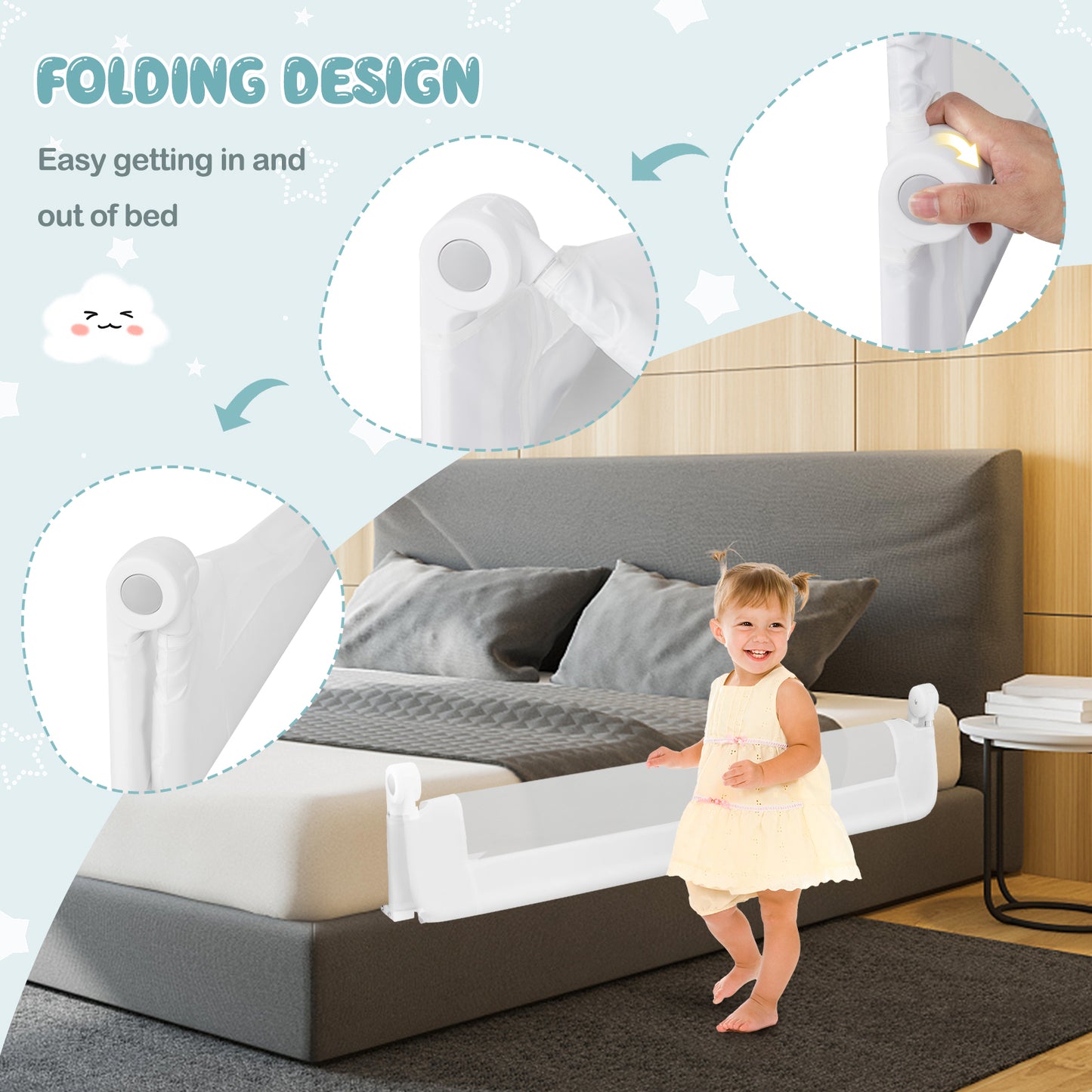 Foldable Bed Rail for Toddlers with Adjustable Safety Strap-White