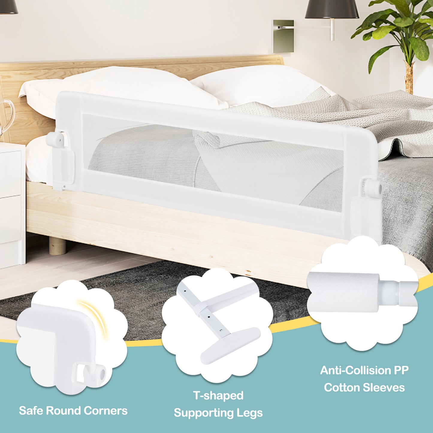 Foldable Bed Rail for Toddlers with Adjustable Safety Strap-White