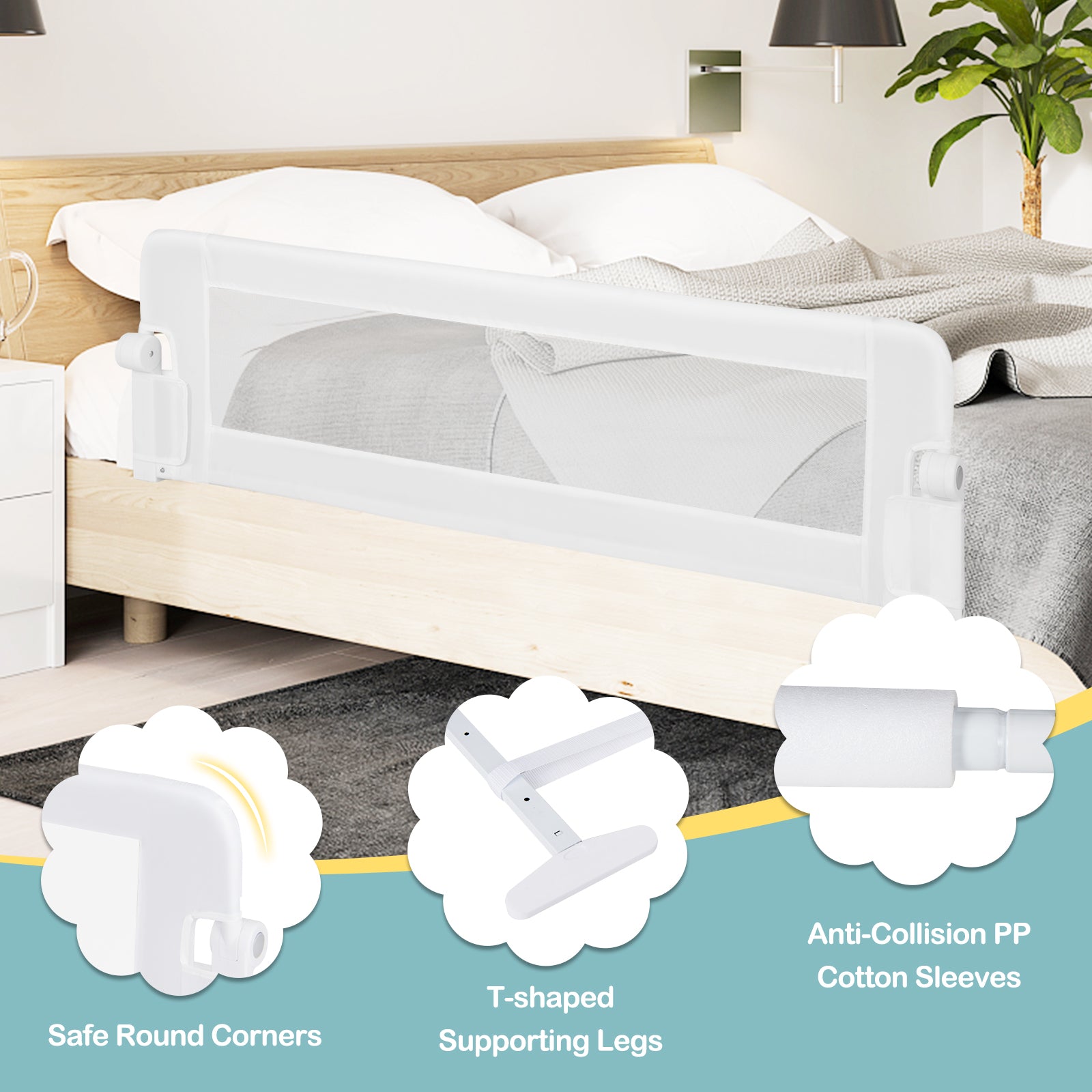 Foldable Bed Rail for Toddlers with Adjustable Safety Strap-White