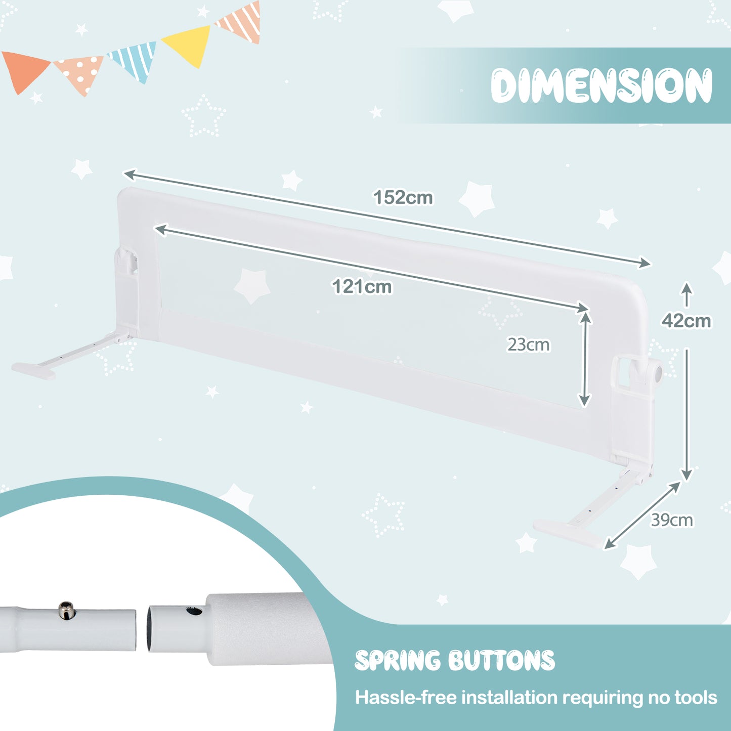 Foldable Bed Rail for Toddlers with Adjustable Safety Strap-White