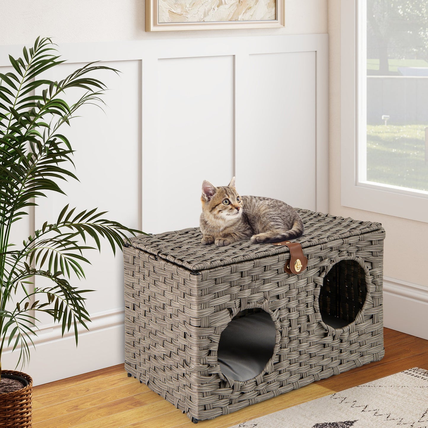 Foldable Cat Bed for Indoor Cats 60 cm x 35 cm x 35 cm Large Rattan Kitten Condo House-Grey