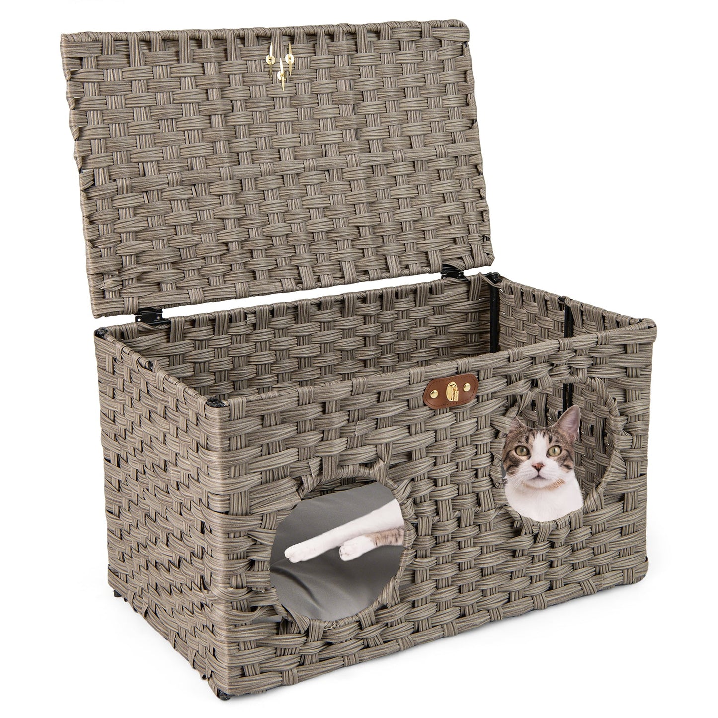 Foldable Cat Bed for Indoor Cats 60 cm x 35 cm x 35 cm Large Rattan Kitten Condo House-Grey