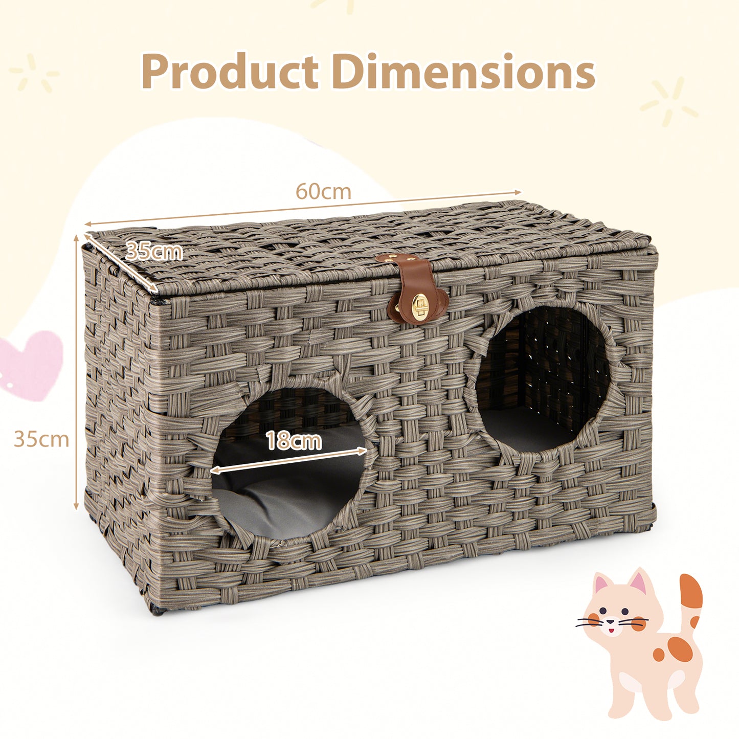 Foldable Cat Bed for Indoor Cats 60 cm x 35 cm x 35 cm Large Rattan Kitten Condo House-Grey