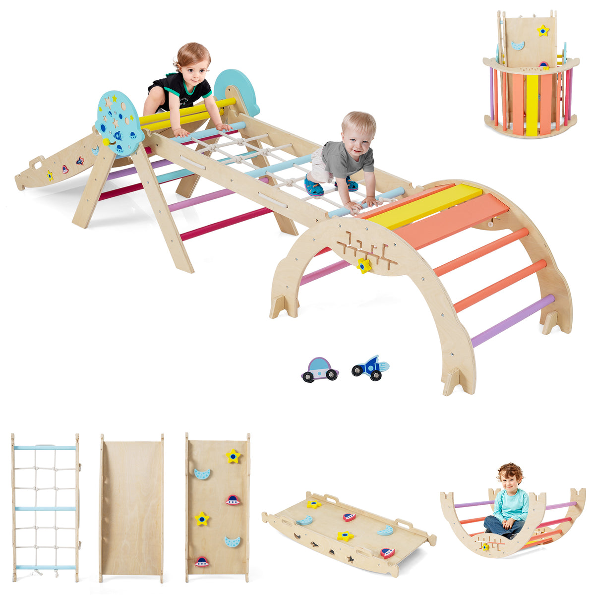 8-in-1 Foldable Climbing Toys with Ramp and Climbing Rope for Toddlers-Colourful