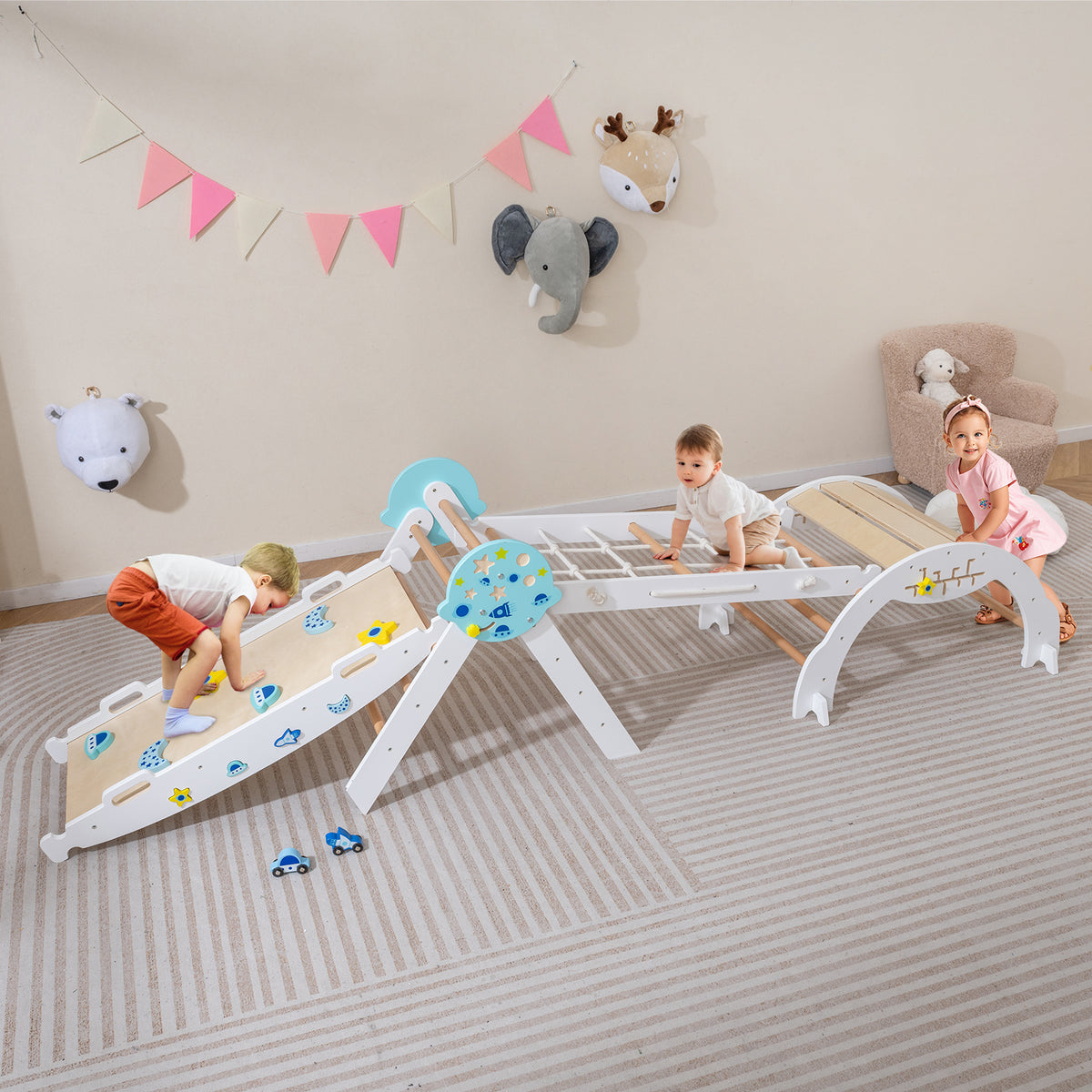 8-in-1 Foldable Climbing Toys with Ramp and Climbing Rope for Toddlers-White