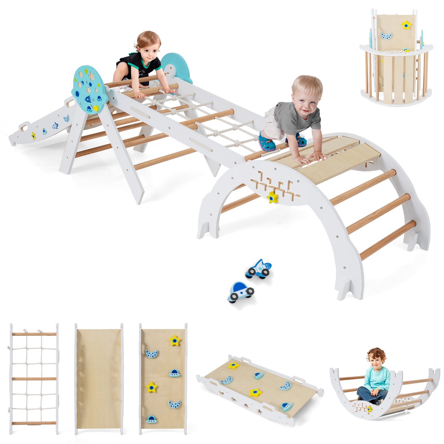 8-in-1 Foldable Climbing Toys with Ramp and Climbing Rope for Toddlers-White