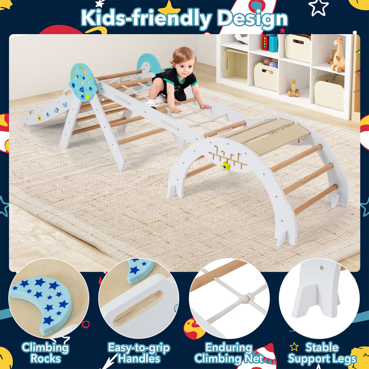 8-in-1 Foldable Climbing Toys with Ramp and Climbing Rope for Toddlers-White