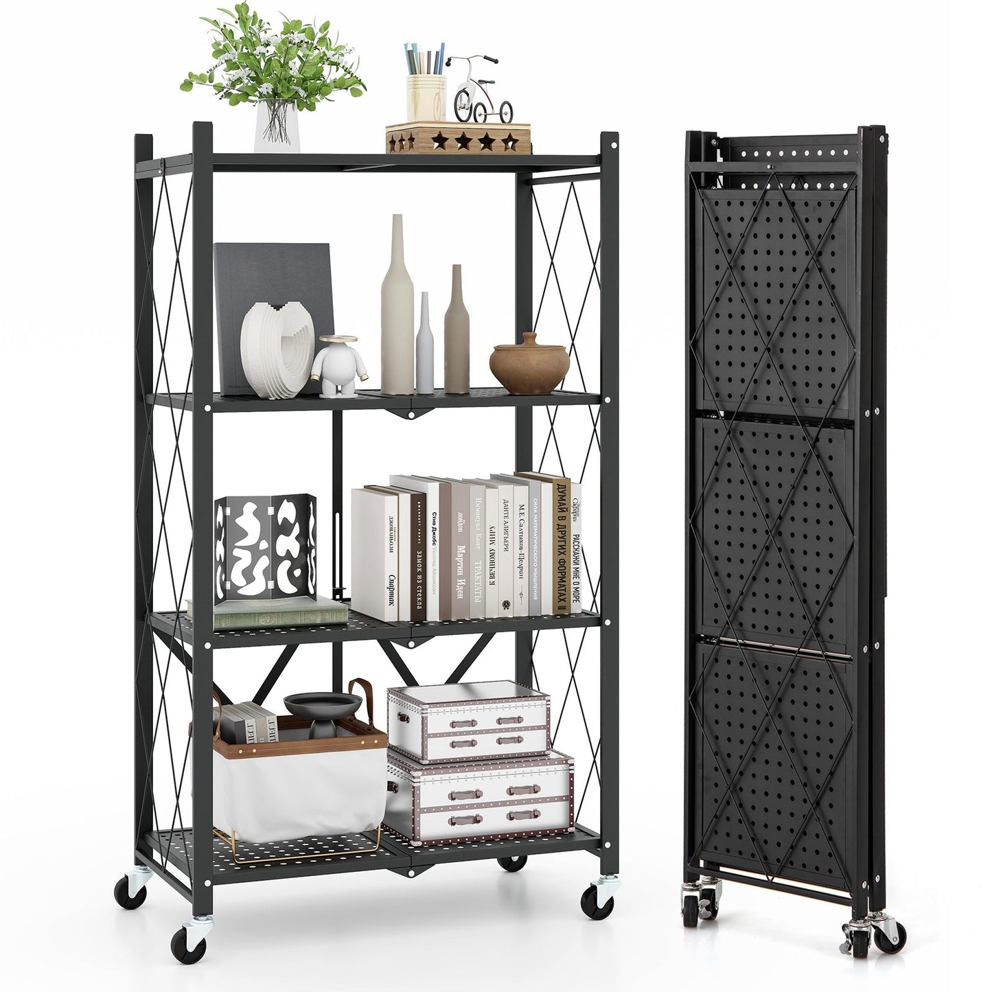 4-Tier Metal Foldable Collapsible Storage Rack with Lockable Wheels-Black
