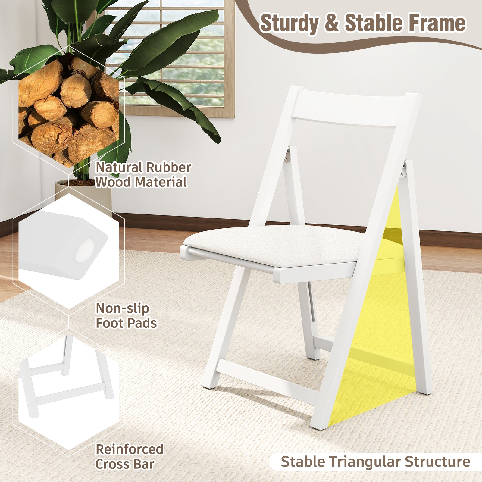 Foldable Dining Chair Set of 2 with Padded Seat and Curved Backrest-White