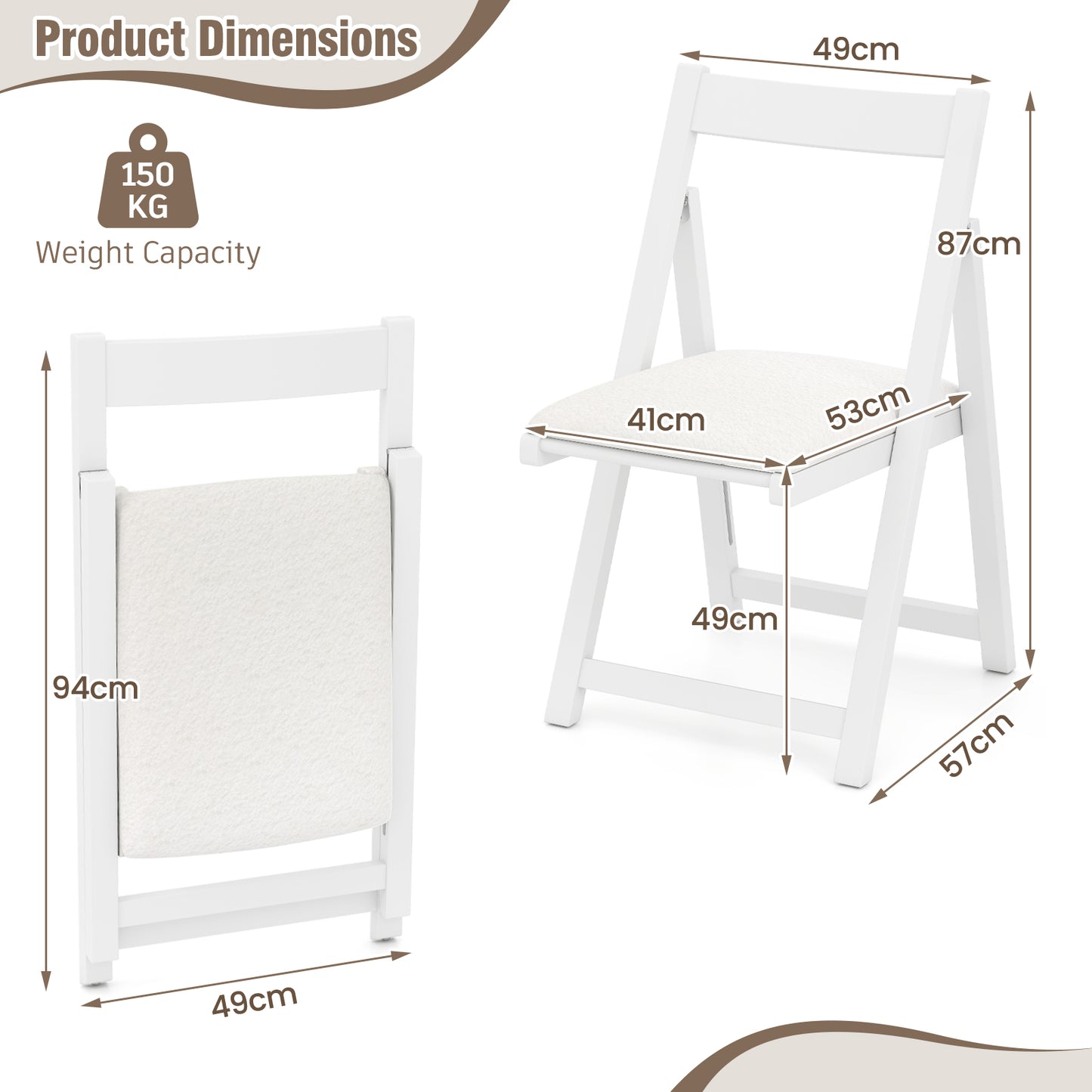 Foldable Dining Chair Set of 2 with Padded Seat and Curved Backrest-White