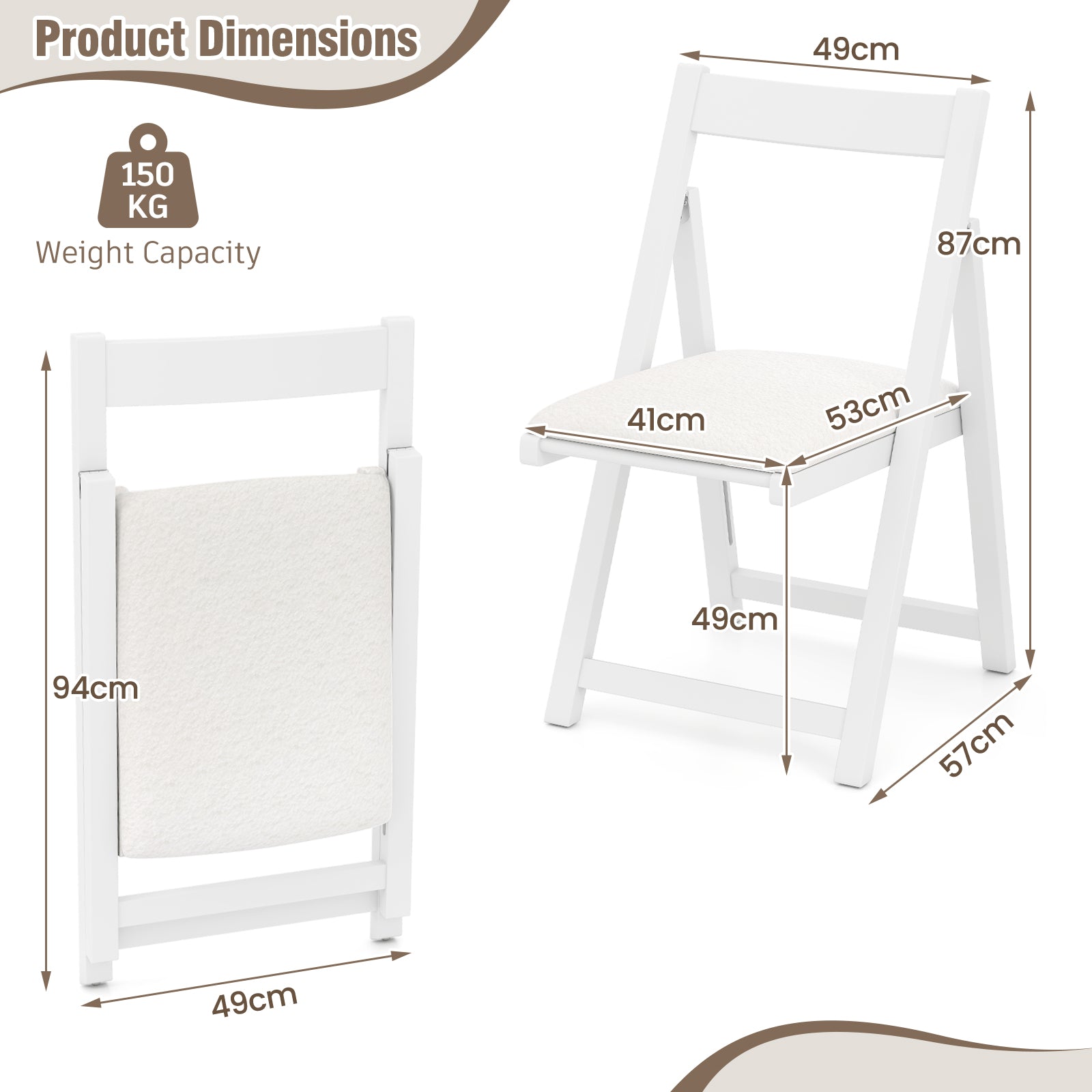 Foldable Dining Chair Set of 2 with Padded Seat and Curved Backrest-White
