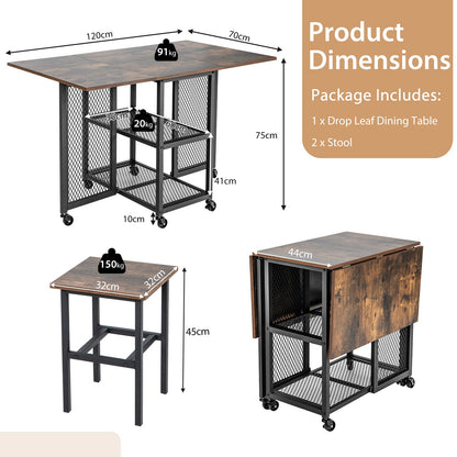 3-Piece Foldable Dining Table Set with Lockable Wheels for Small Place-Brown