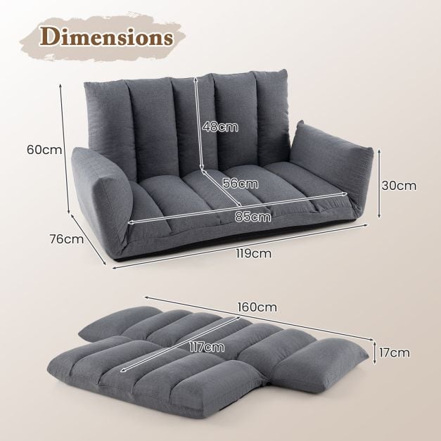 Foldable Floor Sofa with 5-Position Adjustable Backrest and Arms-Grey