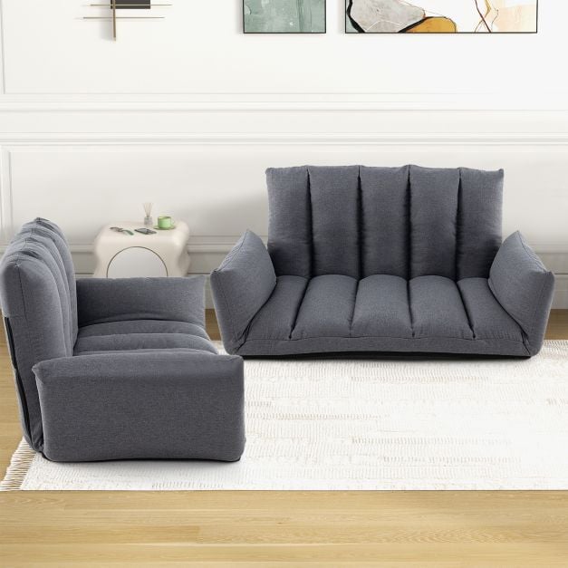 Foldable Floor Sofa with 5-Position Adjustable Backrest and Arms-Grey