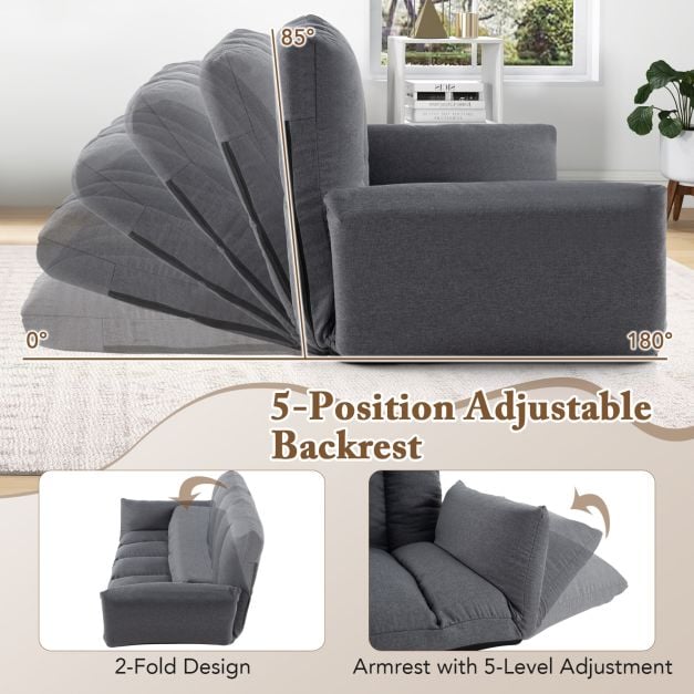 Foldable Floor Sofa with 5-Position Adjustable Backrest and Arms-Grey