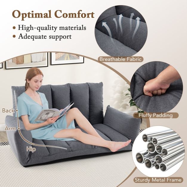 Foldable Floor Sofa with 5-Position Adjustable Backrest and Arms-Grey