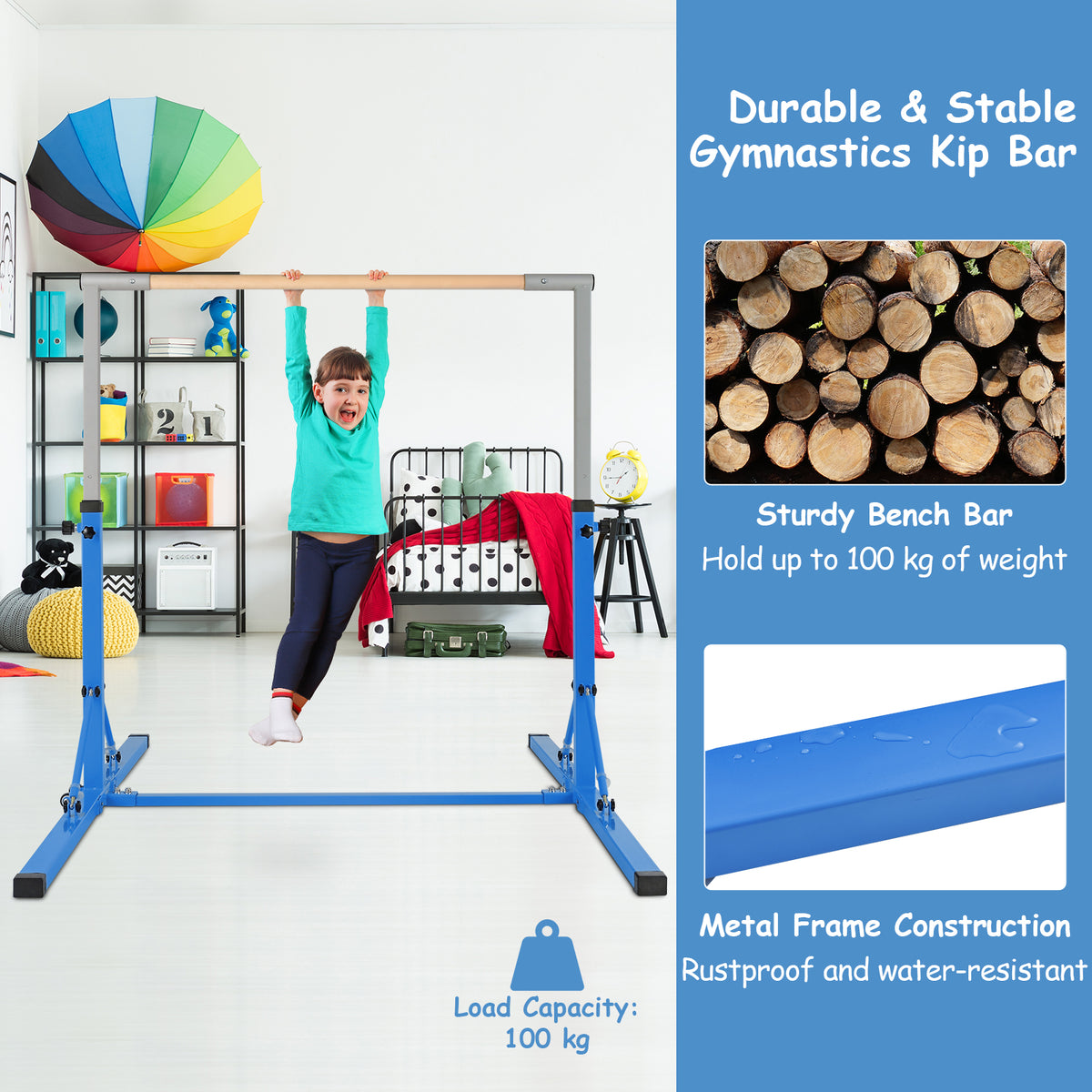 Kids Foldable Gymnastics Bar with 13 Adjustable Height-Blue