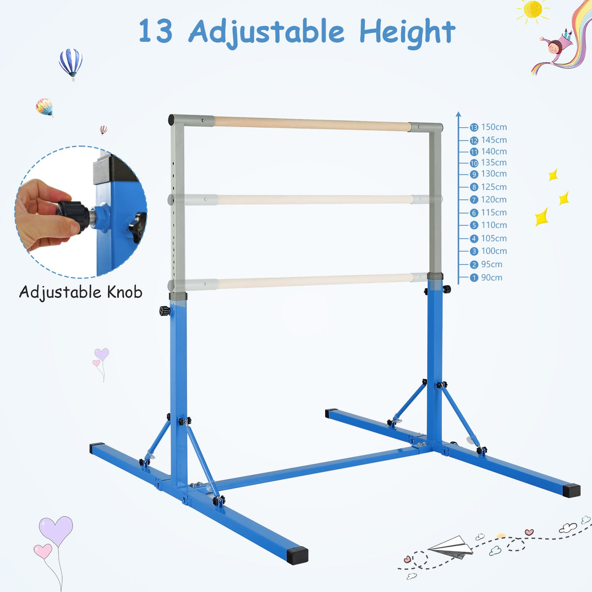 Kids Foldable Gymnastics Bar with 13 Adjustable Height-Blue