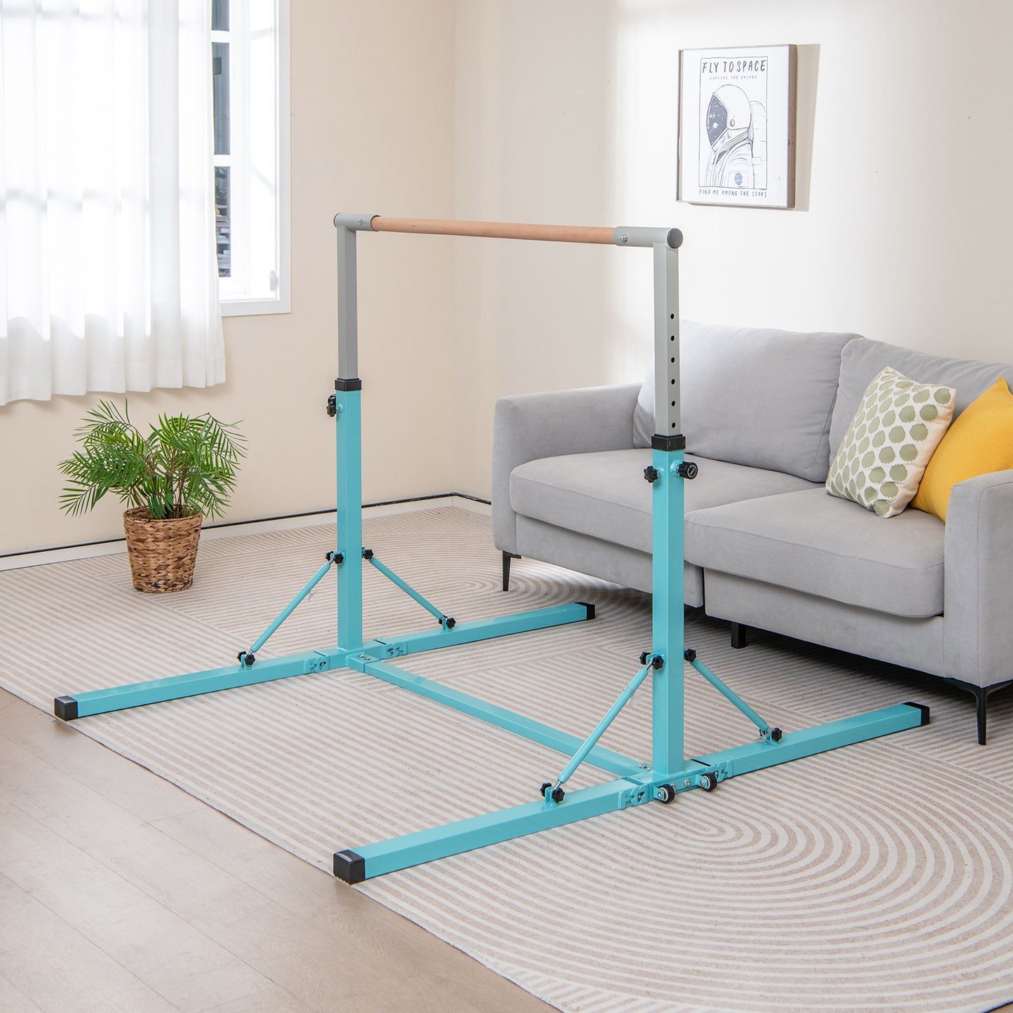 Kids Foldable Gymnastics Bar with 13 Adjustable Height-Green