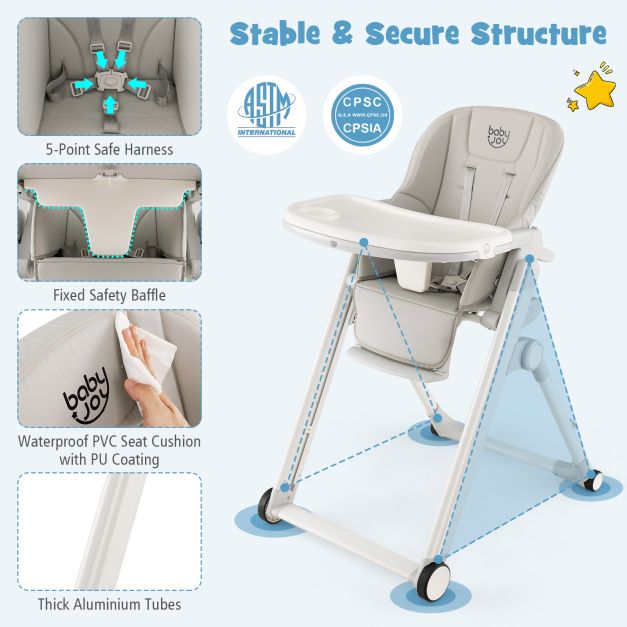 Foldable High Chair with Recline Backrest and Adjustable Height-Light Grey