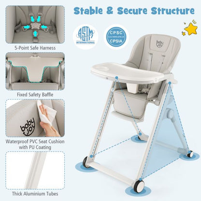 Foldable High Chair with Recline Backrest and Adjustable Height-Light Grey