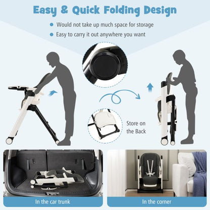 Foldable High Chair with Recline Backrest and Adjustable Height-Dark Grey