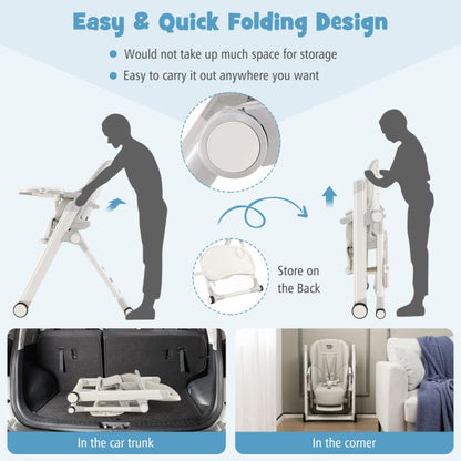 Foldable High Chair with Recline Backrest and Adjustable Height-Light Grey