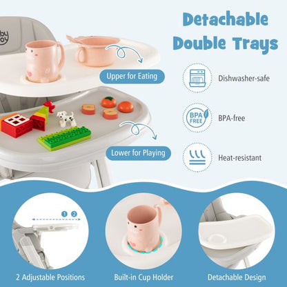 Foldable High Chair with Recline Backrest and Adjustable Height-Light Grey