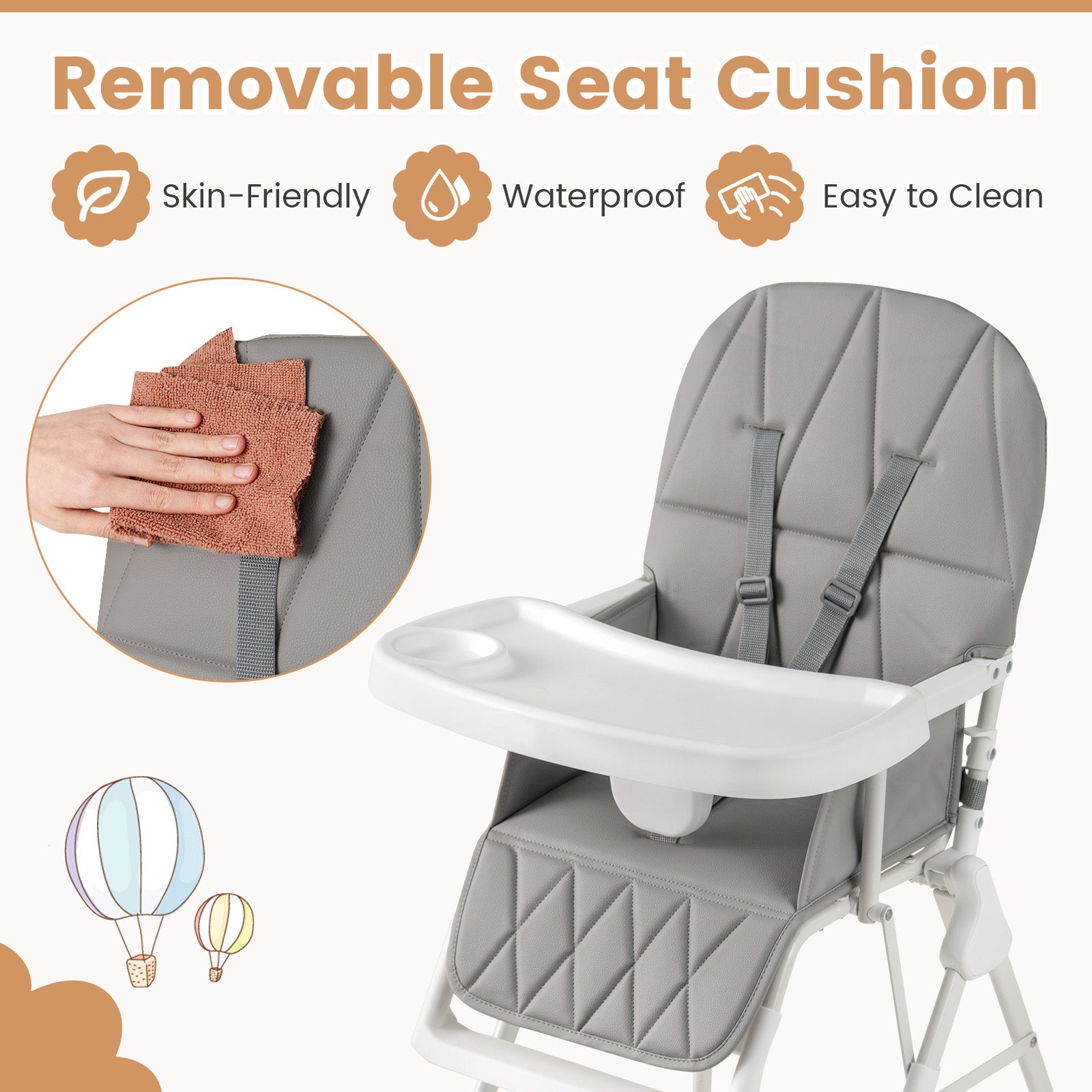 Foldable Baby High Chair with Removable Adjustable Tray-Grey