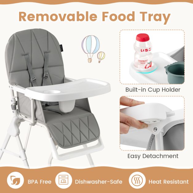Foldable Baby High Chair with Removable Adjustable Tray-Grey